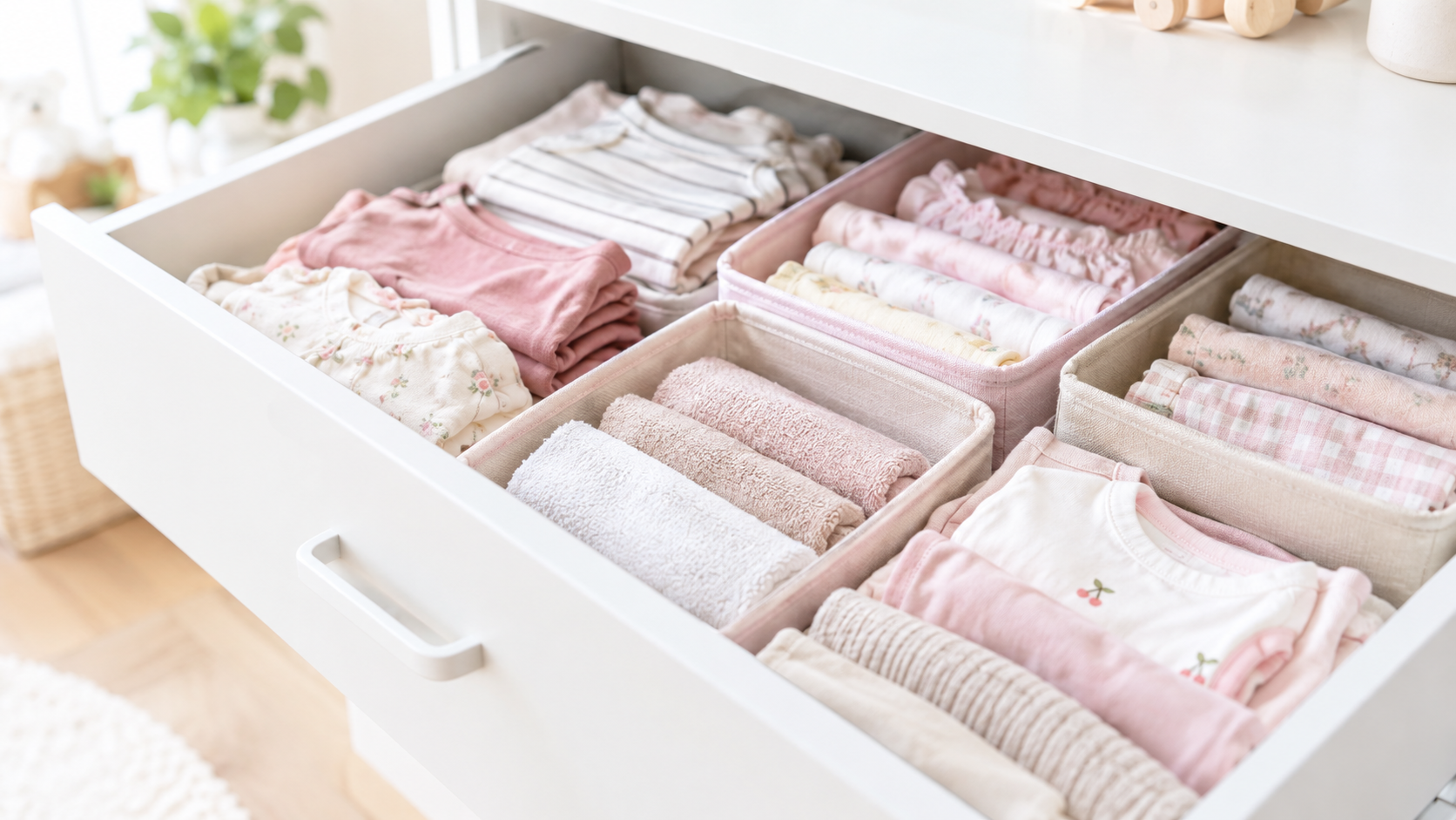 子ども服やタオルがきれいに整理された収納の引き出し